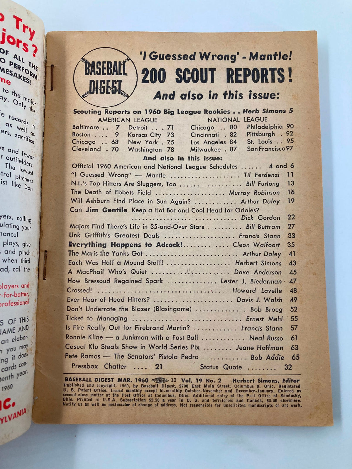 Inside cover page featuring the contents of the March 1960 issue of Baseball Digest, highlighting articles about notable players and baseball insights. Title: VTG Baseball Digest March 1960.