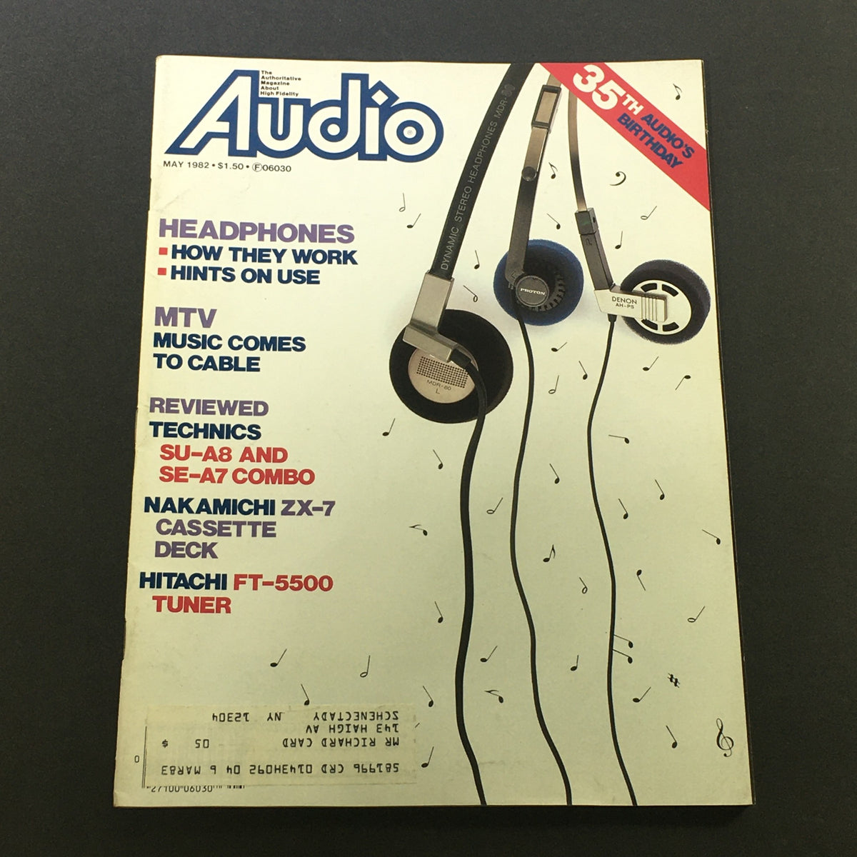 Cover of VTG Audio and Music Magazine May 1982 featuring headphones, MTV Music Comes to Cable, and audio equipment reviews. This collectible magazine reflects significant music and cultural shifts in the early 80s.