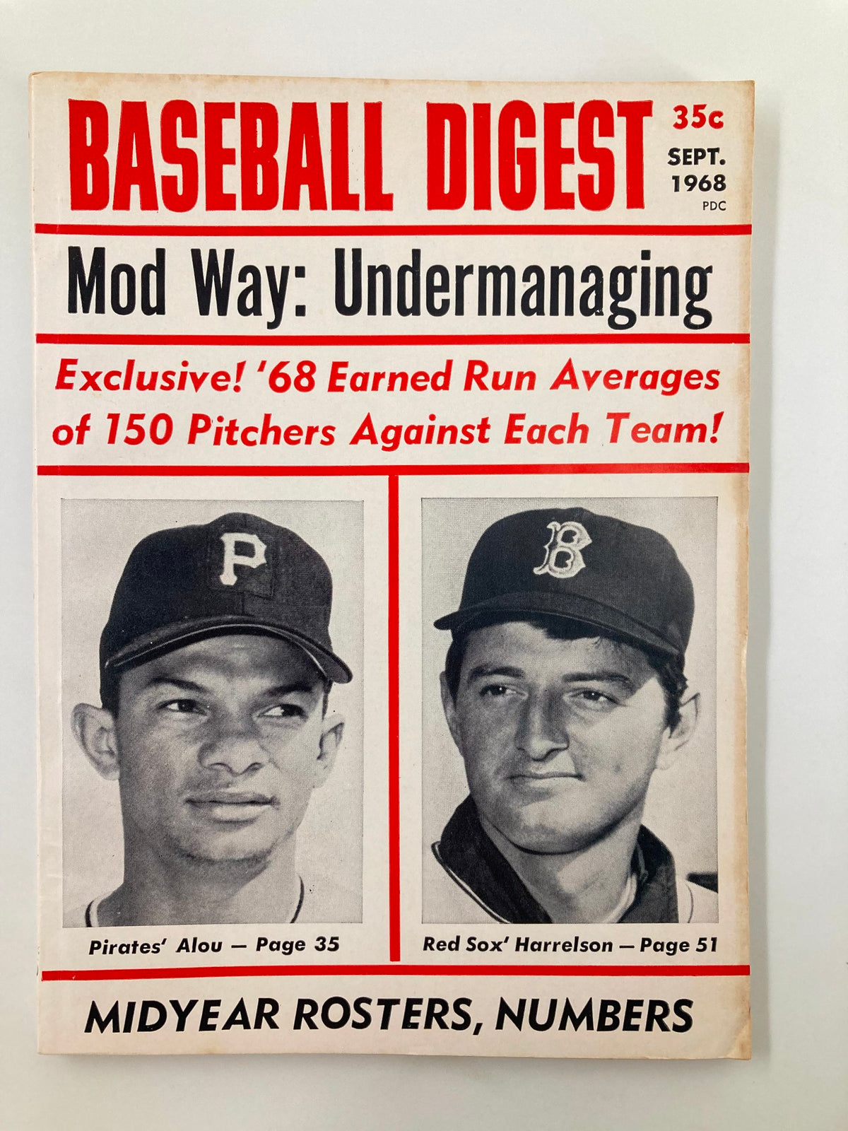VTG Baseball Digest September 1968 cover featuring iconic players Matty Alou and Ken Harrelson, showcasing historical baseball content and photography.