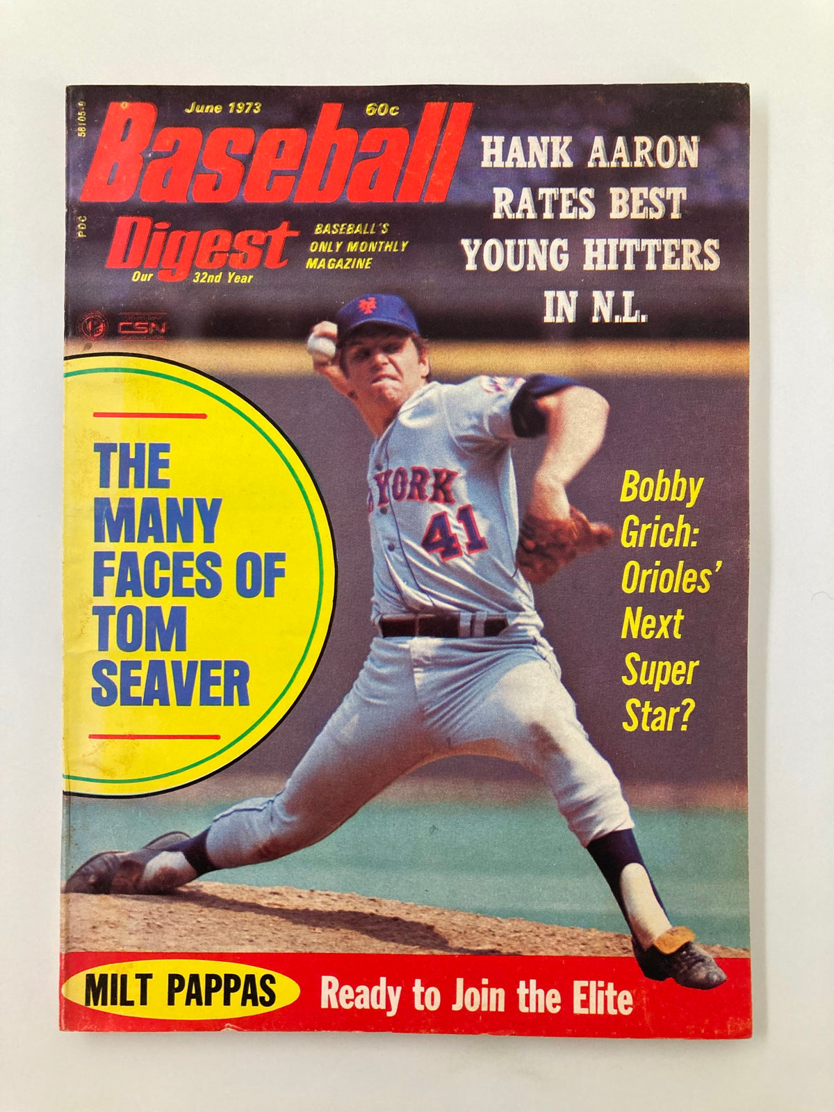Vintage Baseball Digest magazine from June 1973 featuring 'The Many Faces of Tom Seaver' on the cover, highlighting baseball news, player stats, and articles.