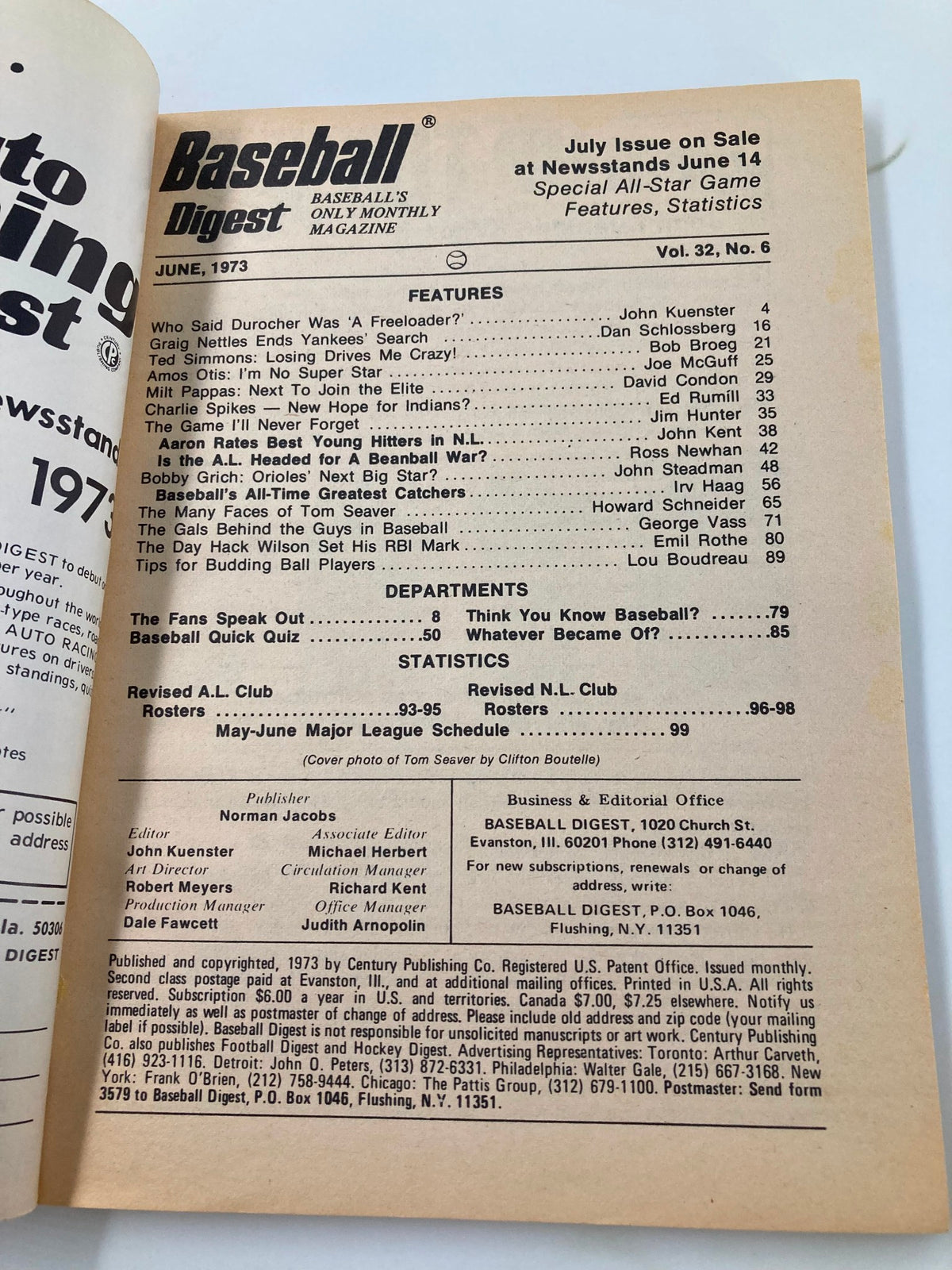 Interior page of June 1973 Baseball Digest magazine, showcasing the table of contents with features and statistics related to baseball, including an article on Tom Seaver.