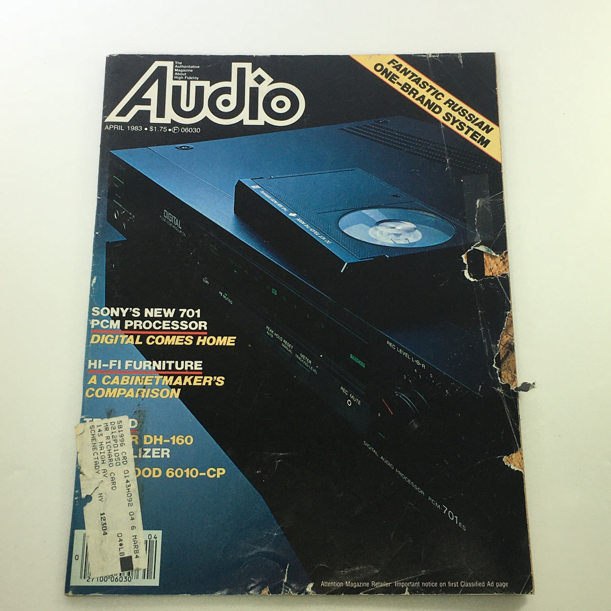Cover of VTG Audio and Music Magazine April 1983 featuring the Fantastic Russian One-Brand System, showcasing a PCM processor and audio equipment with vintage design.
