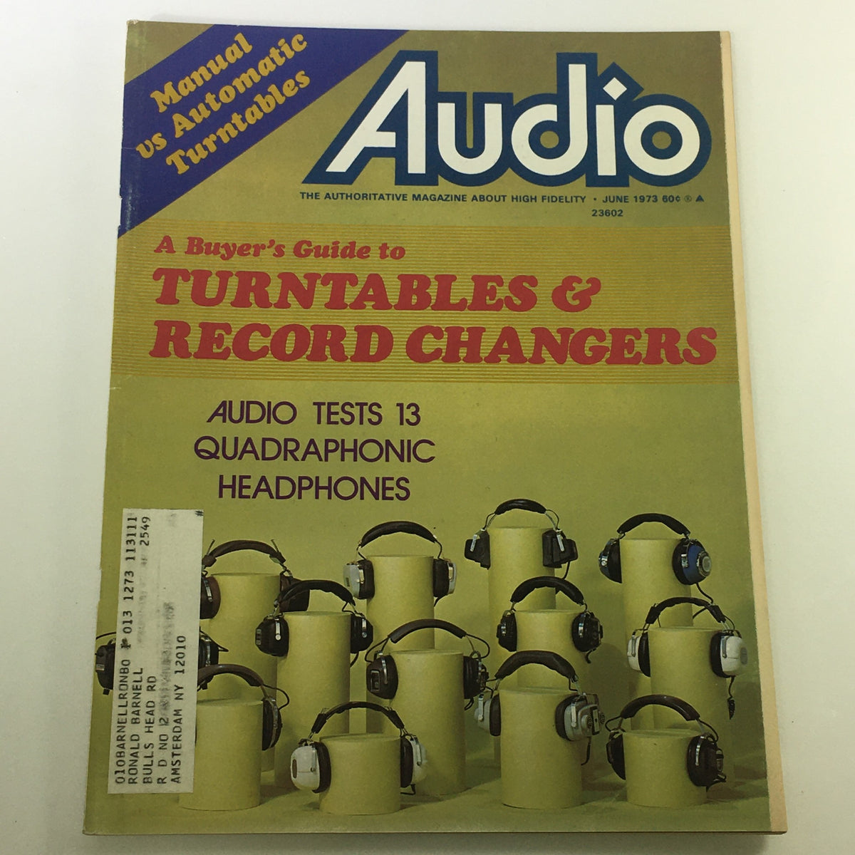 Cover of VTG Audio and Music Magazine June 1973 featuring a Buyer's Guide to Turntables & Record Changers, showcasing multiple headphones displayed on pedestals.