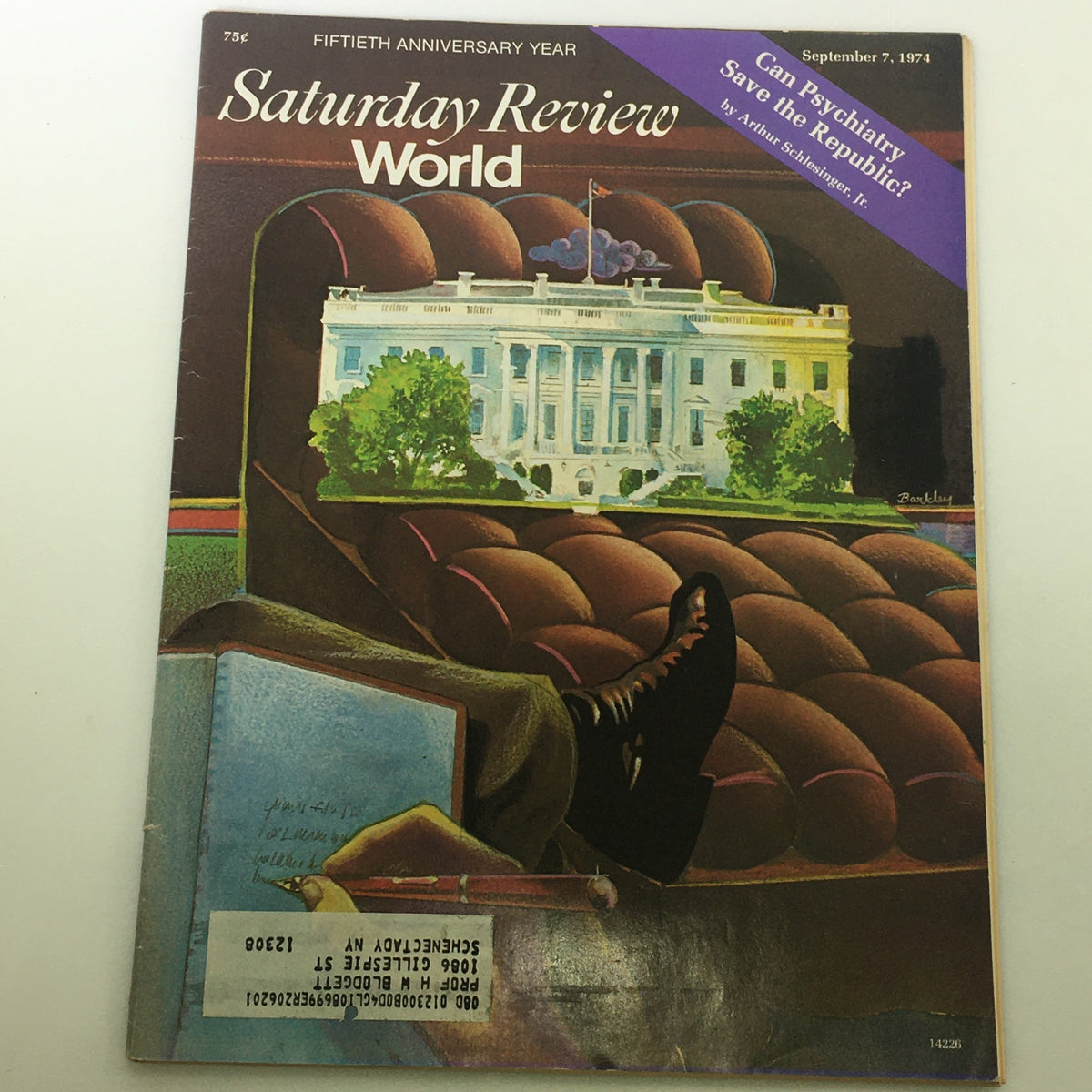 Cover of VTG Saturday Review World Magazine September 7 1974 featuring artwork of the White House and a seated figure with a book, highlighting the article 'Can Psychiatry Save the Republic?' by Arthur Schlesinger Jr.
