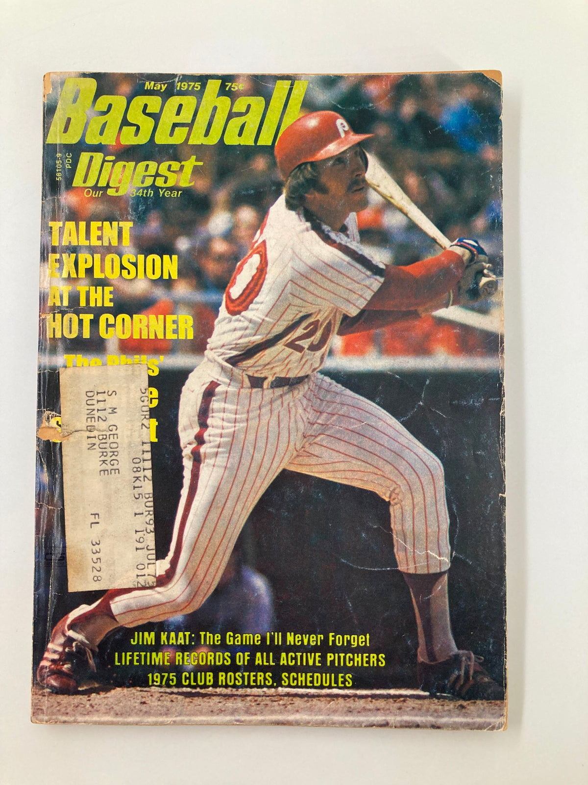 Cover of VTG Baseball Digest May 1975 featuring a player swinging a bat in a Phillies uniform, with headlines about Jim Kaat and baseball talent.