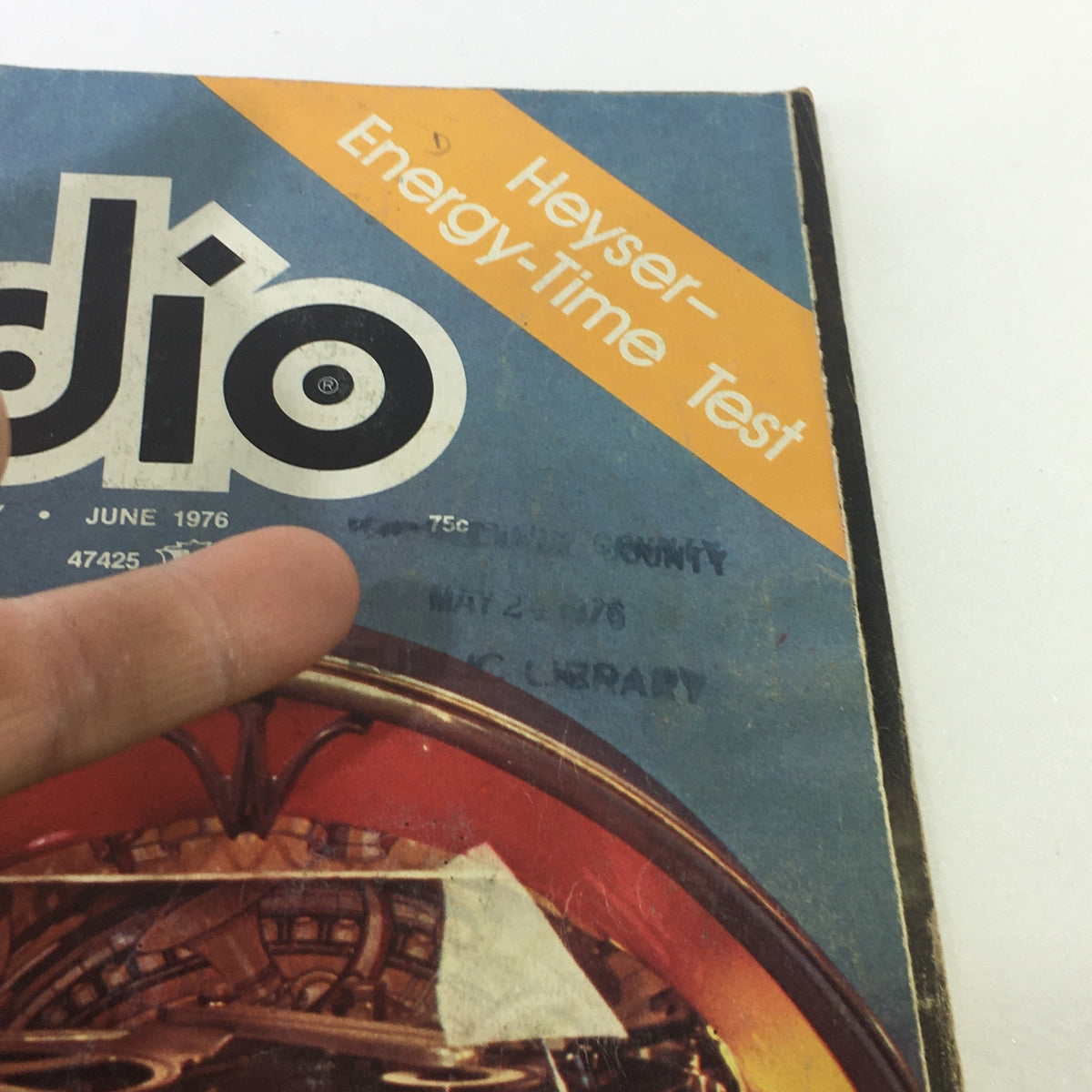 Detail of the June 1976 VTG Audio and Music Magazine cover with additional library markings and a vintage aesthetic.