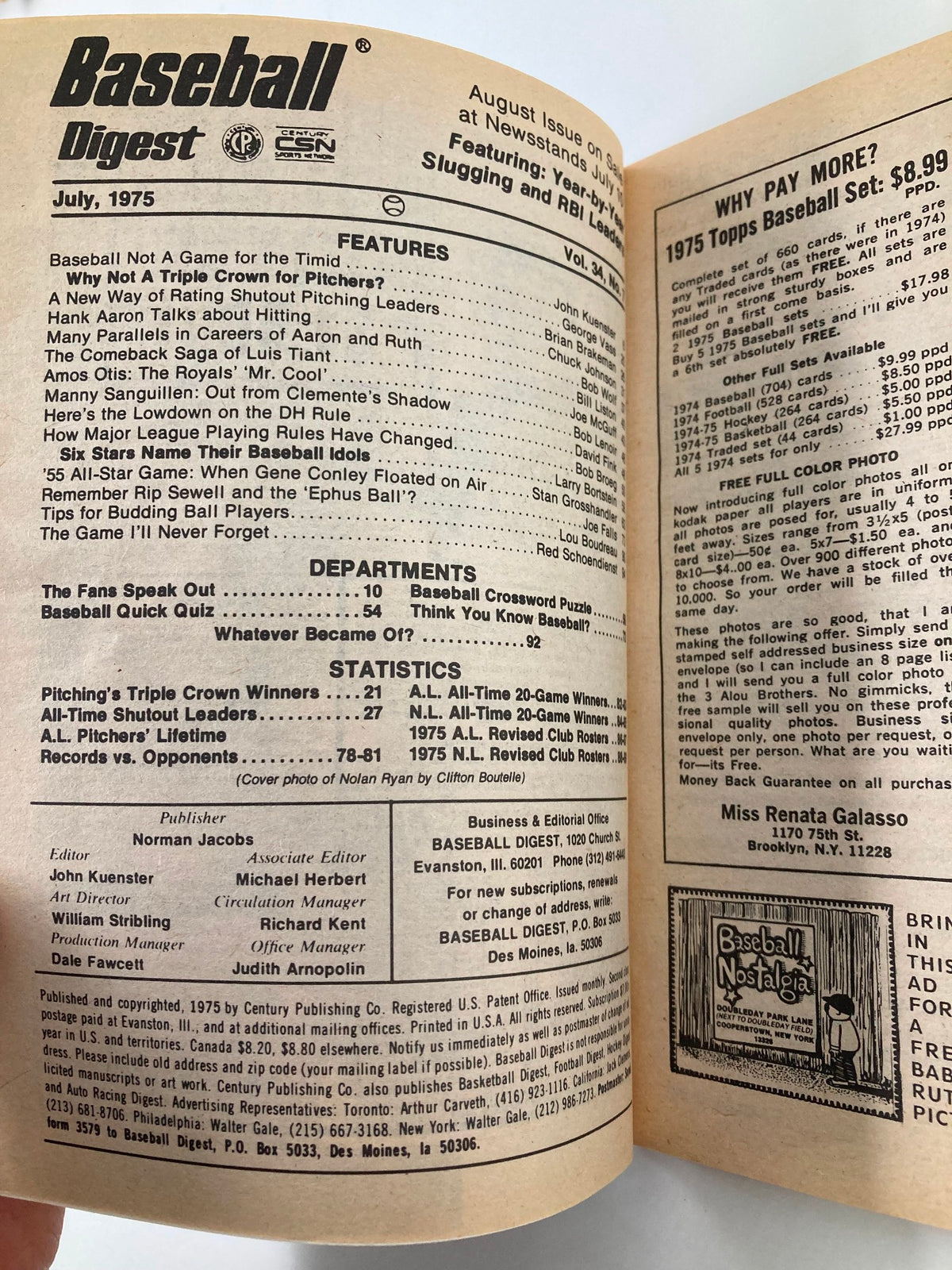 Interior page of VTG Baseball Digest July 1975 displaying contents and articles, including features and statistics related to baseball.