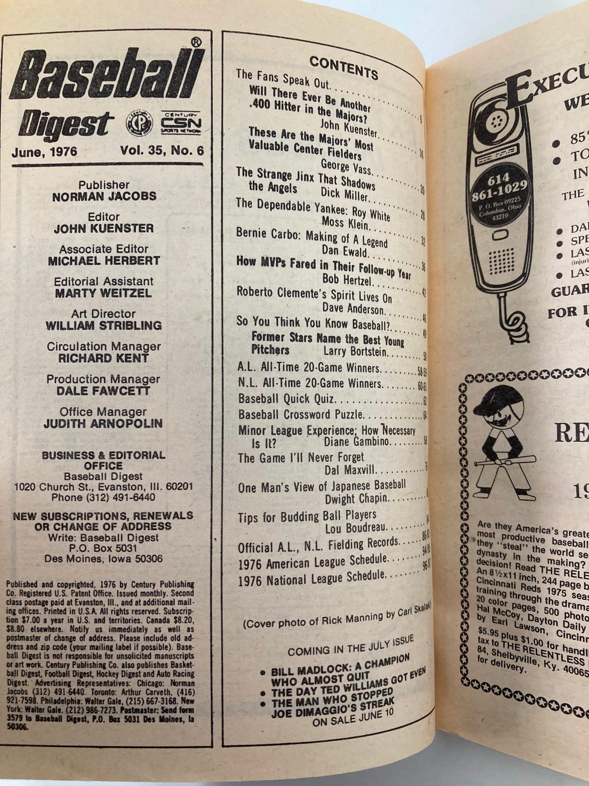 Vintage Baseball Digest June 1976 Cleveland's Rick Manning and Roy White