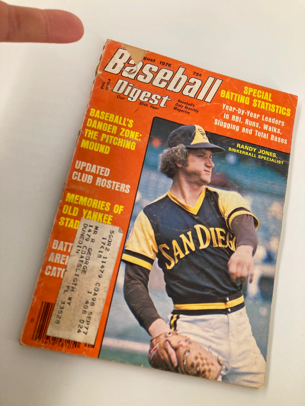 Side view of the August 1976 Baseball Digest magazine highlighting Randy Jones, Sinkerball Specialist, showcasing its iconic cover and condition.