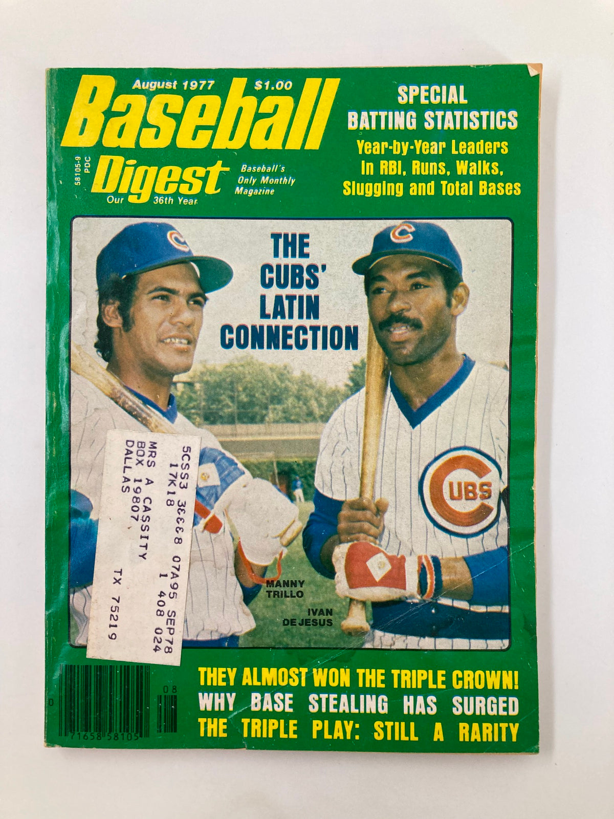 Cover of VTG Baseball Digest August 1977 featuring Manny Trillo and Ivan De Jesus, highlighting their Latin connection in baseball.