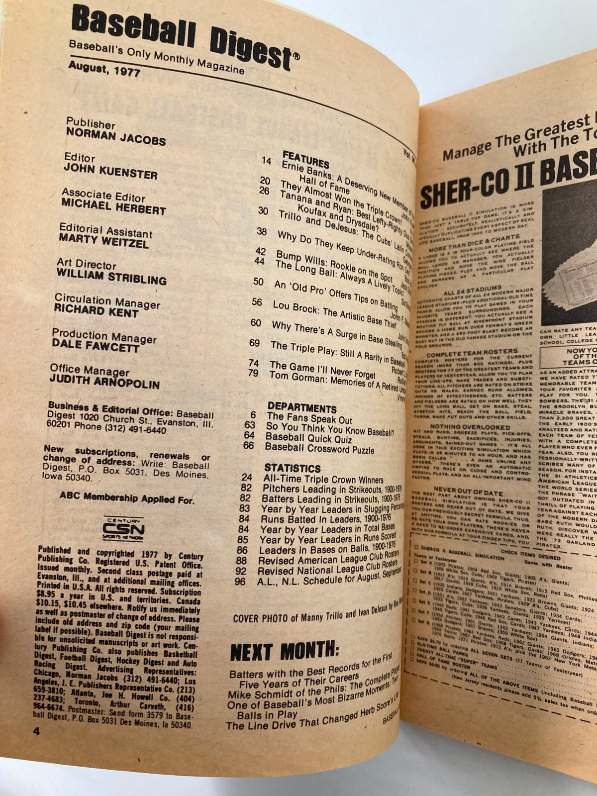 Inside page of VTG Baseball Digest August 1977 showing the magazine's table of contents and features.