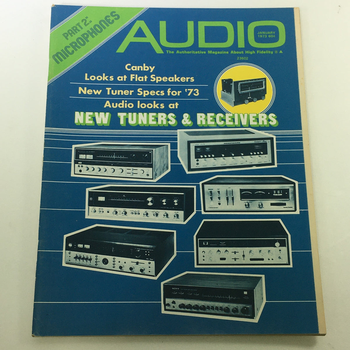 Cover of VTG Audio and Music Magazine January 1973 featuring new tuner specifications, with images of various audio equipment including tuners and receivers.