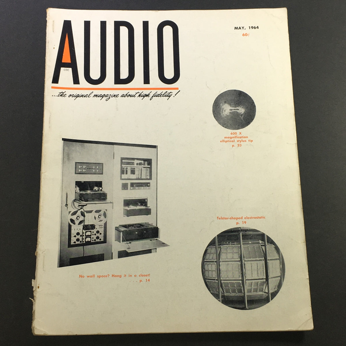 VTG Audio and Music Magazine May 1964 featuring a cover with bold graphics, showcasing audio equipment and a Telstar-shaped electrostatic design, ideal for collectors and vintage magazine enthusiasts.