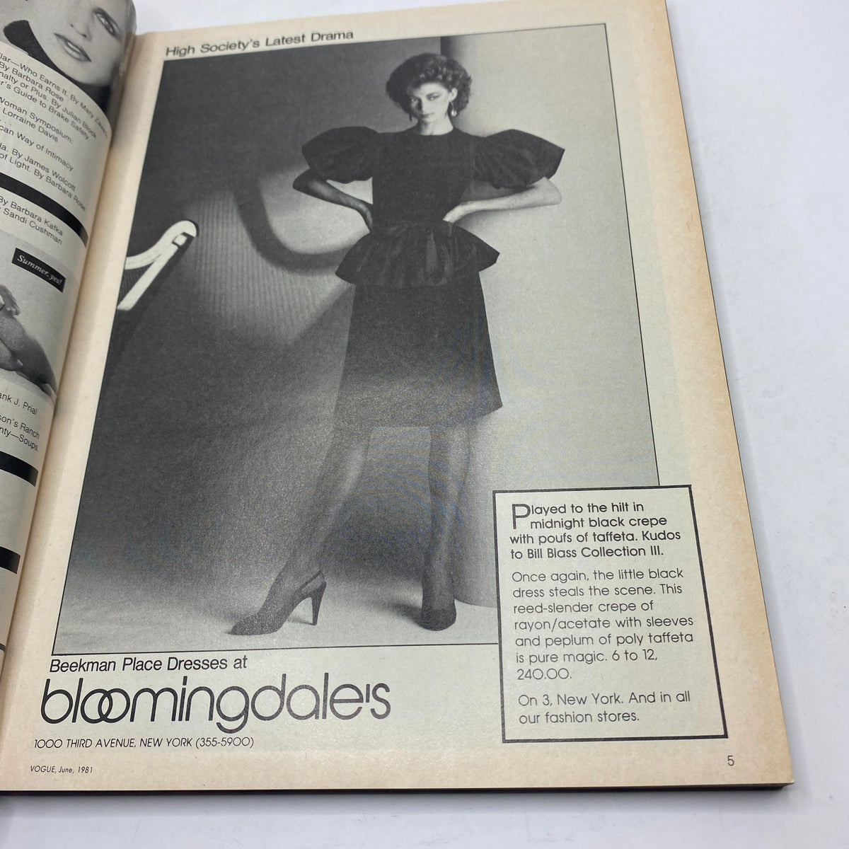Vintage June 1981 Vogue Magazine featuring a black and white fashion advertisement for Bill Blass Collection III, highlighting a model in a stylish peplum dress.