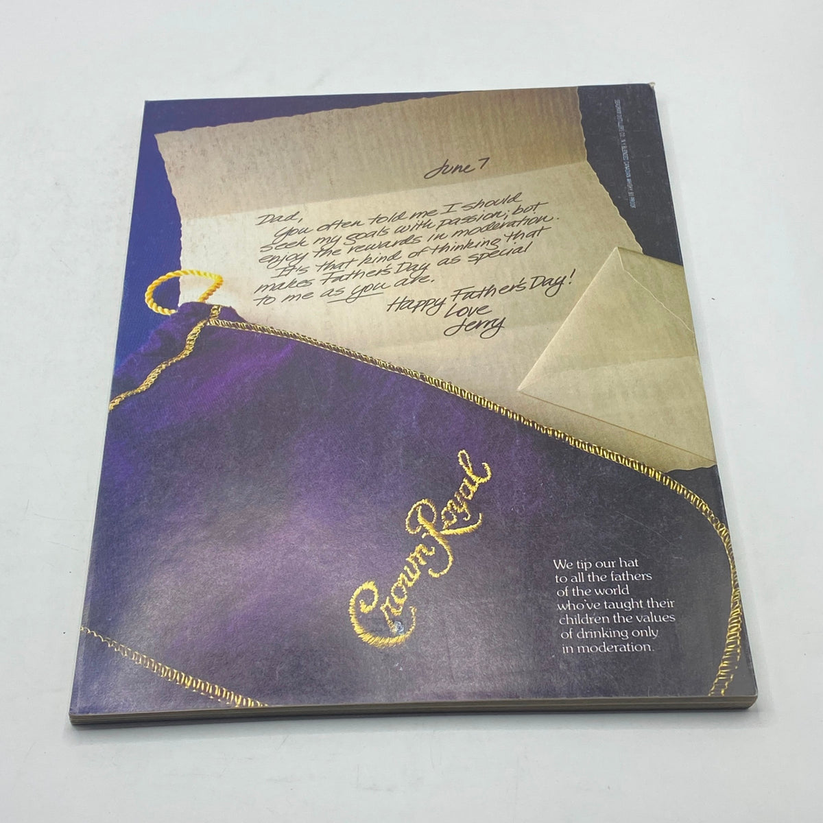 Back cover of the Vintage June 1981 Vogue Magazine featuring a Father's Day card and a Crown Royal advertisement with a heartfelt message.