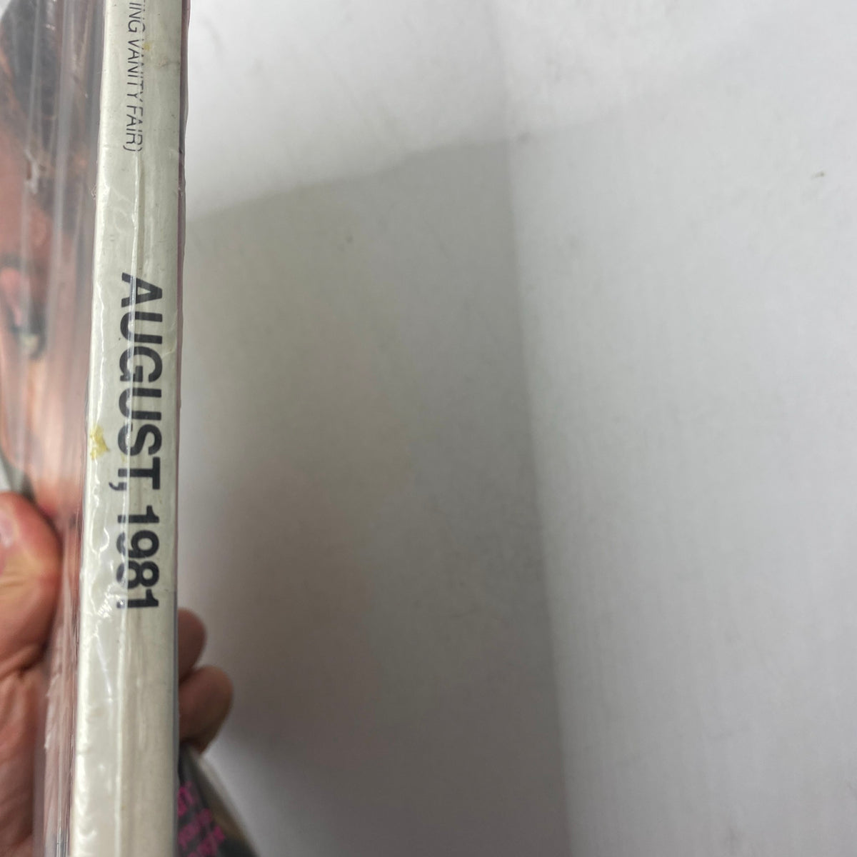 Side view of the VTG Vogue Magazine from August 1981 featuring Kelly Emberg, sealed and showcasing the publication date.