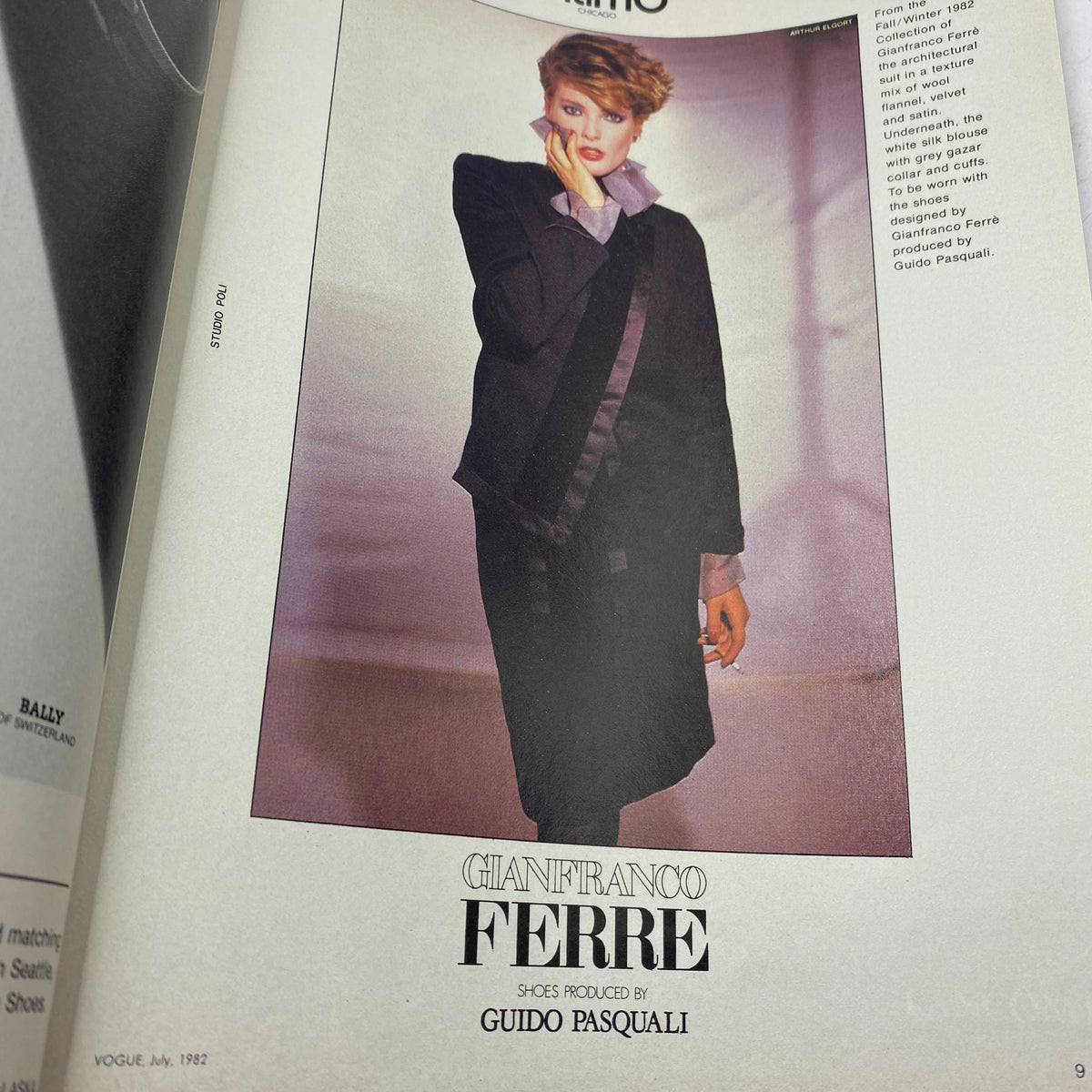 Fashion editorial featuring a model in a Gianfranco Ferré outfit in the VTG Vogue Magazine July 1982, emphasizing bold styling and accessories.