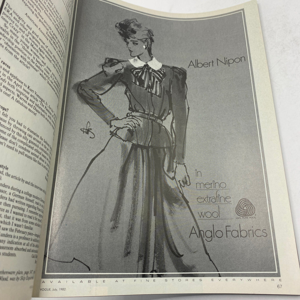 Illustration of a fashion design by Albert Nipon featured in the VTG Vogue Magazine July 1982, showcasing classic vintage fashion aesthetics.