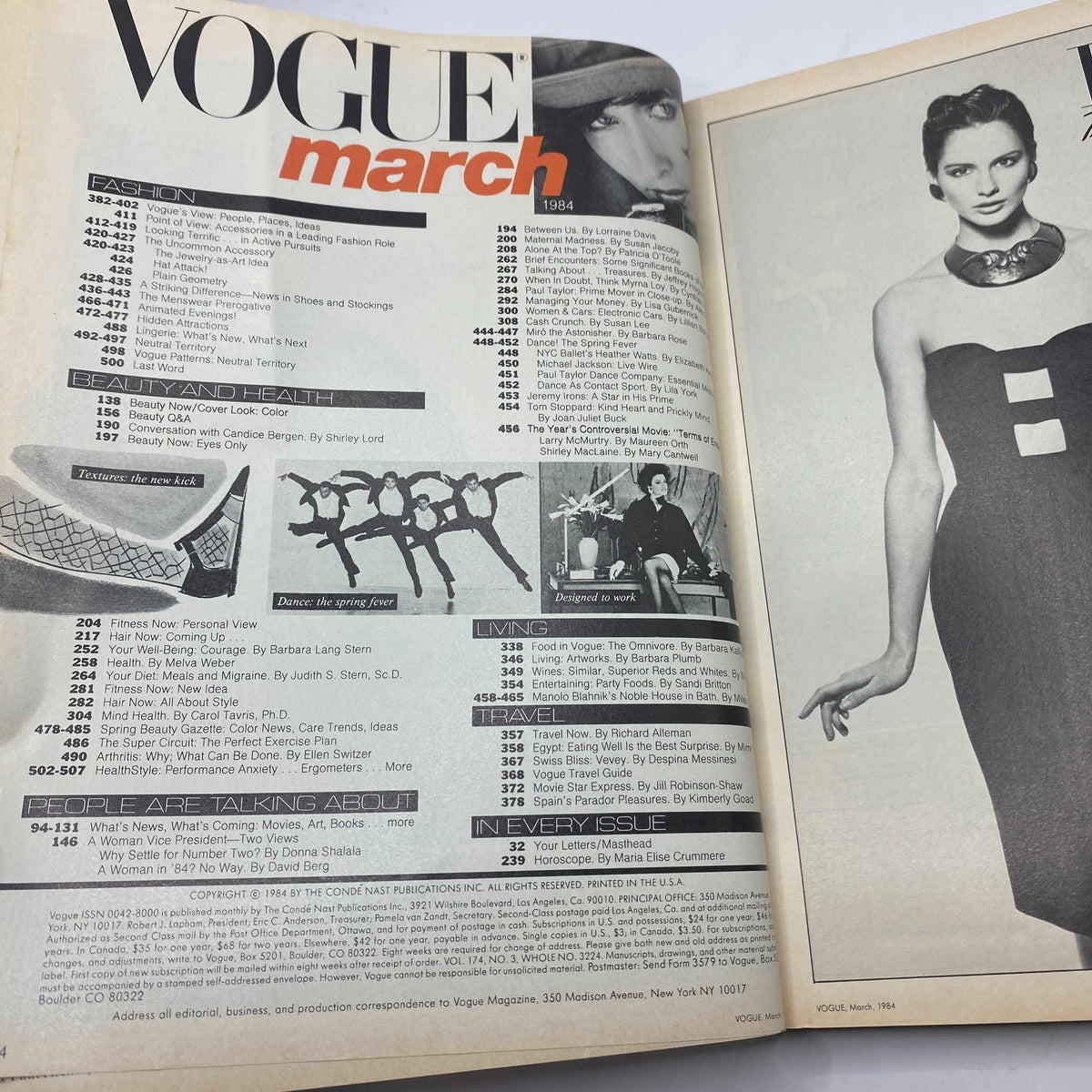 Contents page of VTG Vogue Magazine March 1984, highlighting various fashion articles and features including beauty and health.
