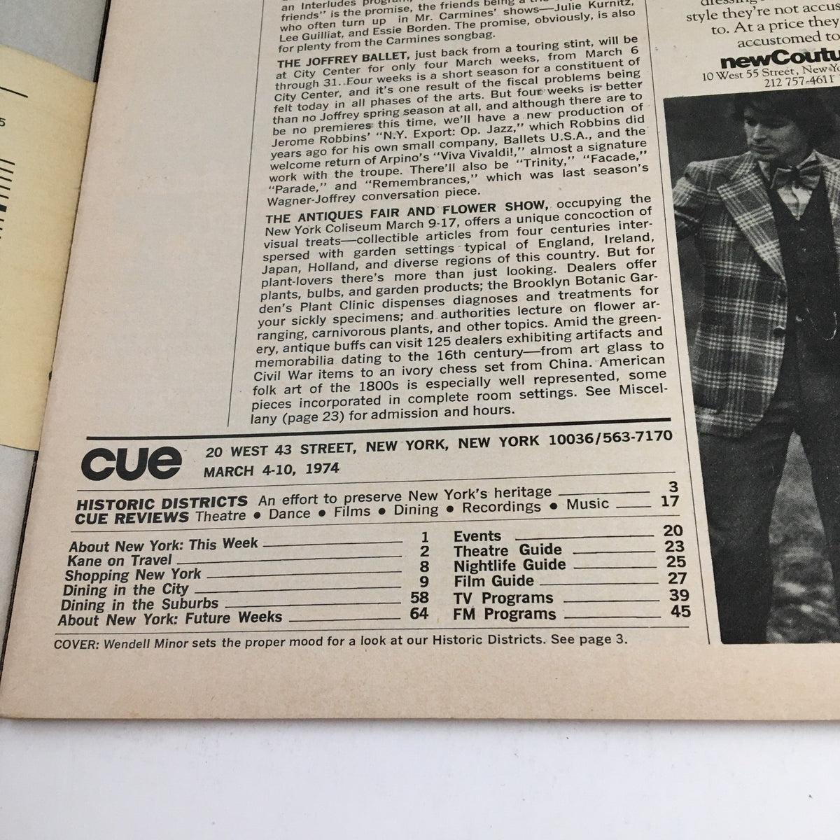 Cue Magazine March 4 1974 featuring content on historic districts and travel, showing the back cover layout with details on upcoming events, theater guides, and dining options in New York.