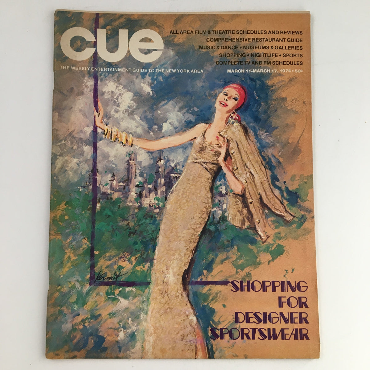 Cover of Cue Magazine, March 11, 1974, featuring 'Shopping for Designer Sportswear,' no label