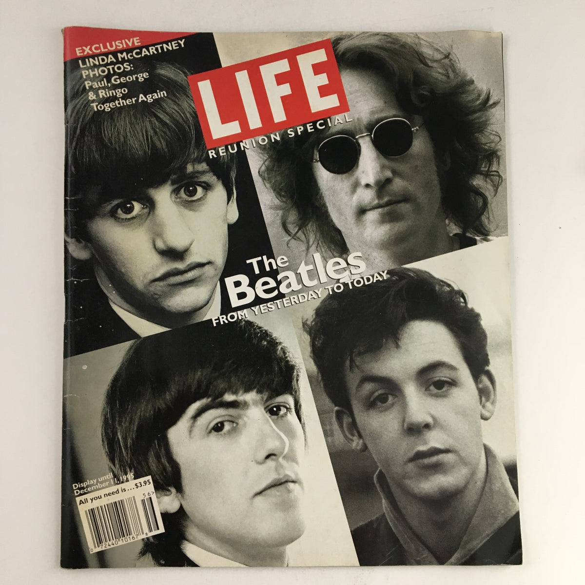 Cover of Life Magazine December 1995, titled 'Life Magazine December 1995: The Beatles From Yesterday to Today', featuring iconic black and white images of The Beatles members including John Lennon and Paul McCartney.