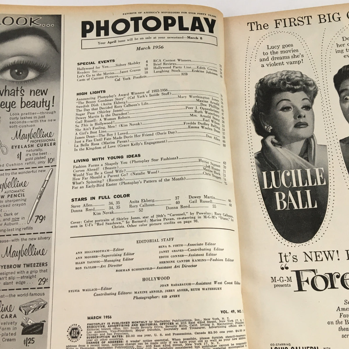 Interior page of Photoplay Magazine from March 1956 featuring articles and highlights from Hollywood, including stars like Lucille Ball and special events, capturing the essence of mid-20th century cinema.