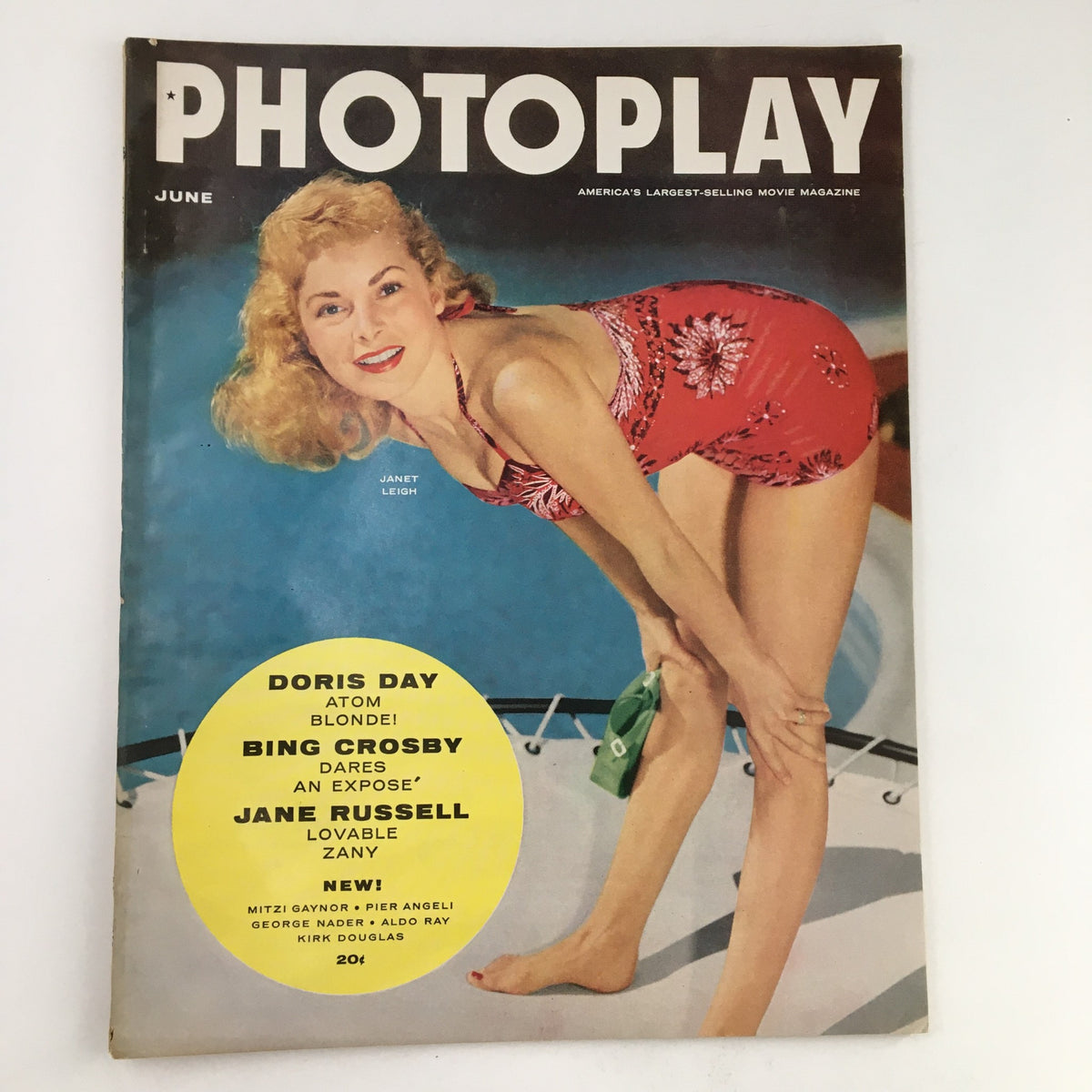 Cover of Photoplay Magazine June 1955 featuring Janet Leigh in a red swimsuit, highlighting iconic stars like Doris Day and Bing Crosby.