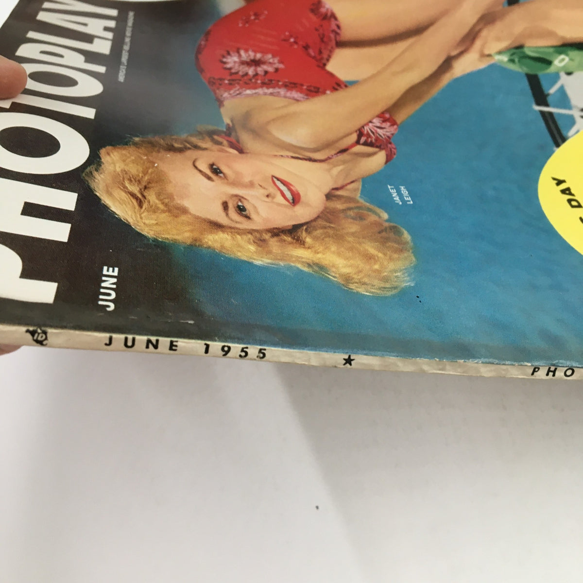 Side angle of the Photoplay Magazine June 1955 showing the title and date, featuring Janet Leigh on the cover.