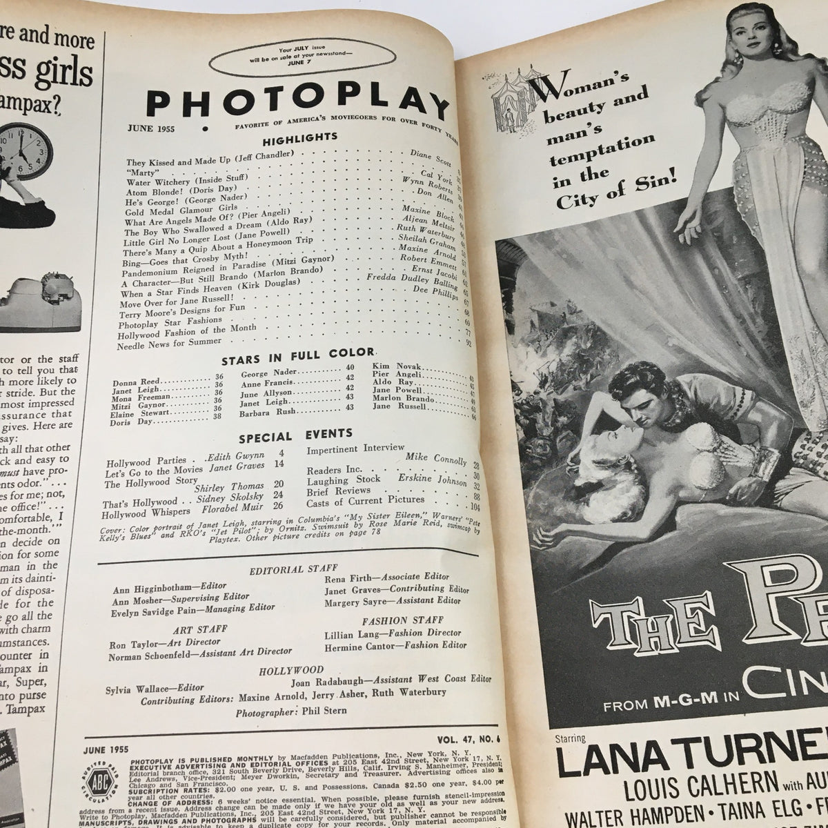 Inside page from Photoplay Magazine June 1955 featuring highlights, editorial staff, and fascinating articles about iconic stars such as Lana Turner and cultural events of the time.