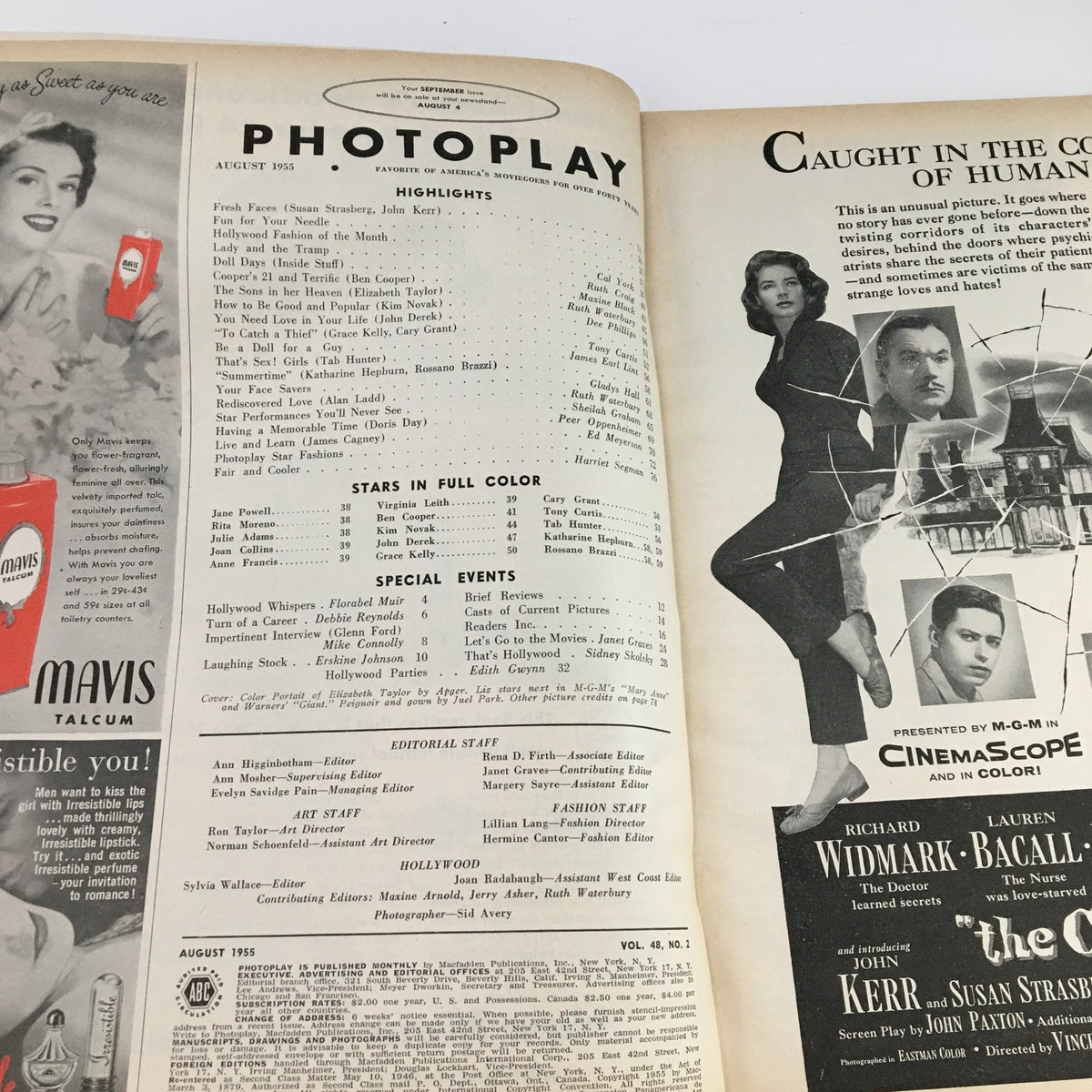 Interior page of Photoplay Magazine August 1955, displaying articles and film highlights, showing Elizabeth Taylor among other stars, capturing the essence of classic cinema.