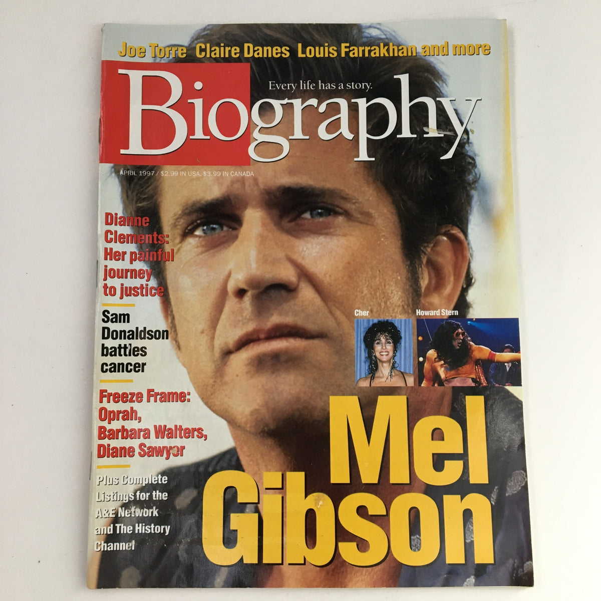 Biography Magazine April 1997 cover featuring Mel Gibson, Cher, and Howard Stern, showcasing a classic vintage design.