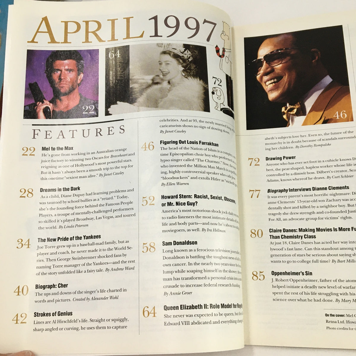 Interior page of Biography Magazine April 1997 highlighting Mel Gibson, Dianne Clements, and Howard Stern with detailed article listings.