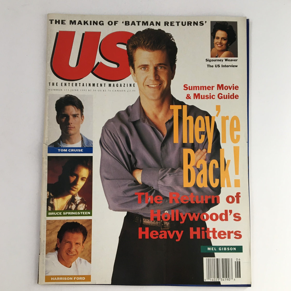 Cover of US Entertainment Magazine June 1992 featuring Mel Gibson, Tom Cruise, Bruce Springsteen, and Harrison Ford with the headline 'They're Back! The Return of Hollywood's Heavy Hitters'.
