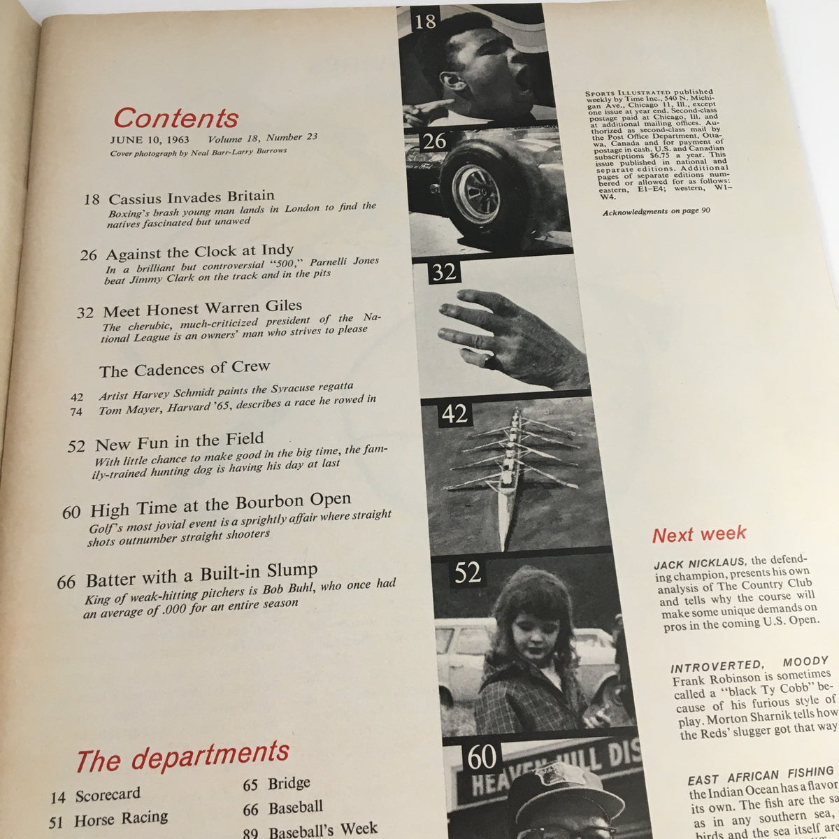 Contents page of Sports Illustrated Magazine June 10 1963, detailing articles including 'Cassius Invades Britain' and featuring a photograph of Muhammad Ali.