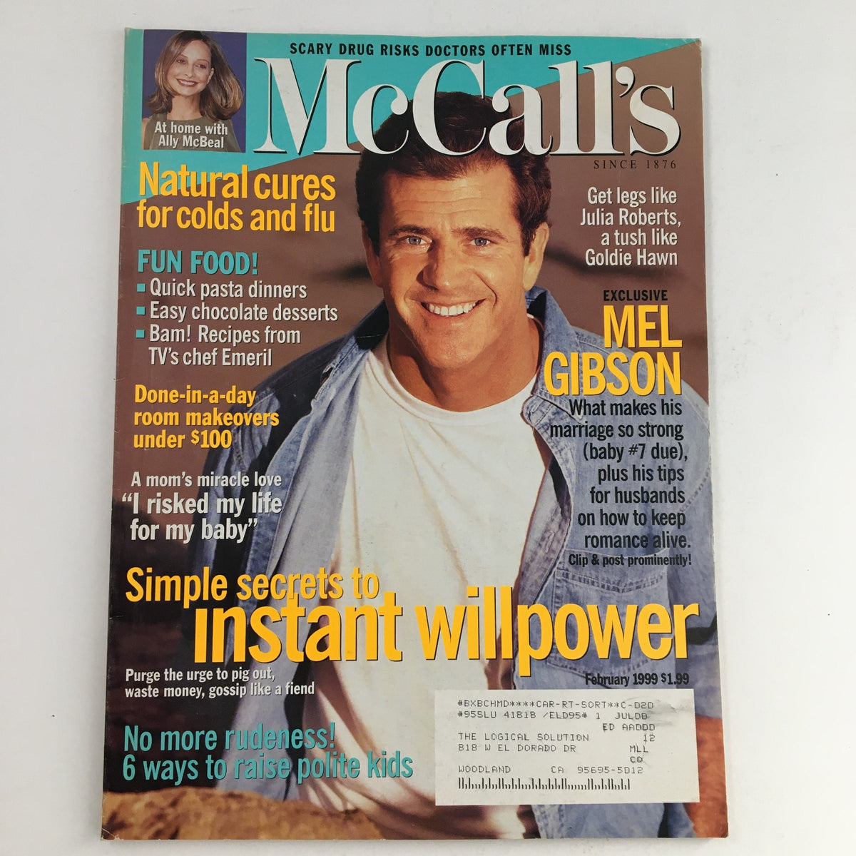 McCall's Magazine February 1999 featuring Mel Gibson on the cover, discussing marriage advice. The magazine highlights natural cures, children's etiquette, and recipes.