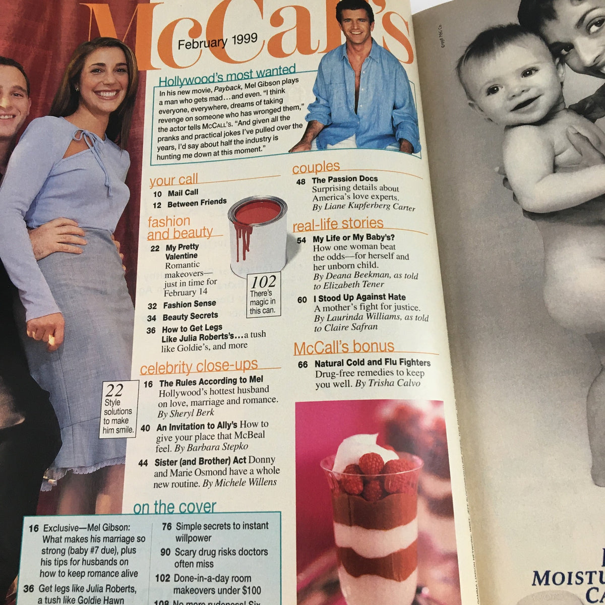 Interior page of McCall's Magazine February 1999 showcasing various topics including fashion, celebrity closure, and recipes. It features Mel Gibson and highlights articles on parenting and beauty.