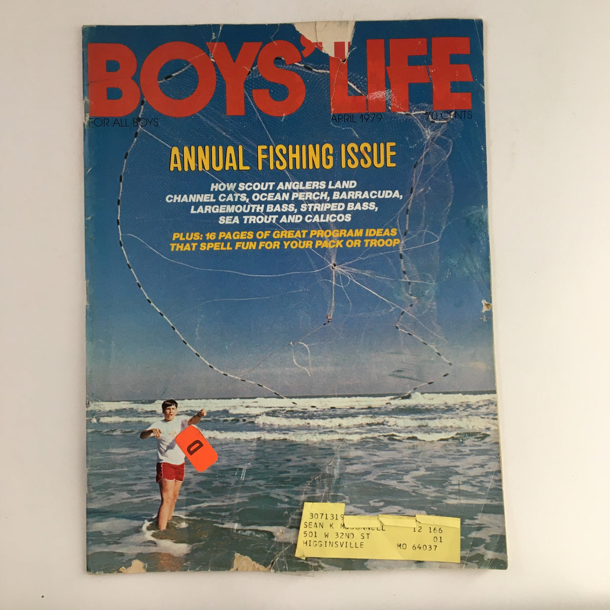 Cover of Boys' Life Magazine, April 1979 edition, showcasing the Annual Fishing Issue with a focus on how Scout anglers land channel cats and ocean perch, featuring a young boy at the beach with fishing-related content.