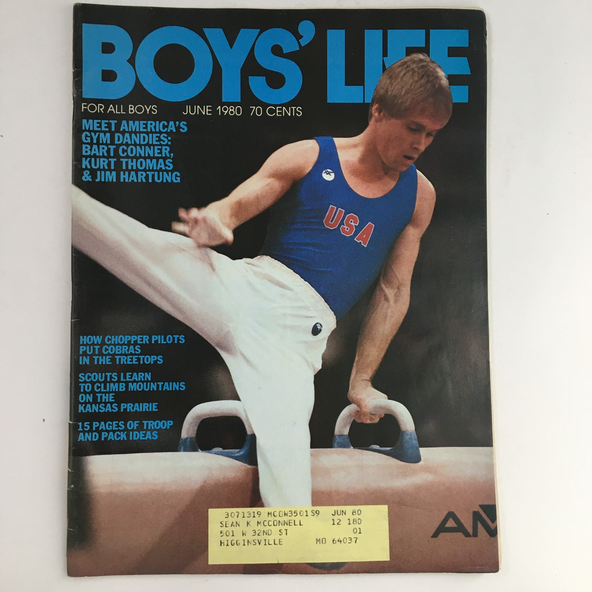 Boys' Life Magazine June 1980 cover featuring Gym Dandies including Bart Conner, Kurt Thomas, and Jim Hartung, showcasing athleticism and youth culture.