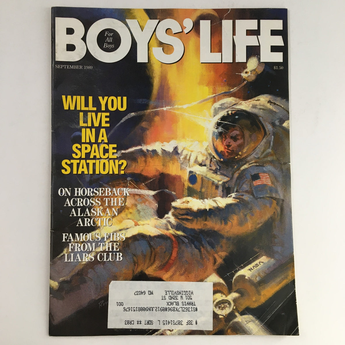 Cover of Boys' Life Magazine September 1989 featuring space exploration theme with astronaut and vibrant colors, highlighting articles on living in a space station and travels across the Alaskan Arctic.