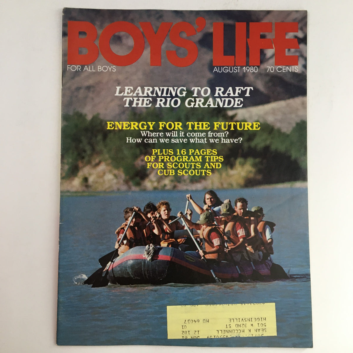 Cover of Boys' Life Magazine from August 1980 featuring the article 'Learning To Raft The Rio Grande', showcasing a rafting adventure with a group of young boys on a river.