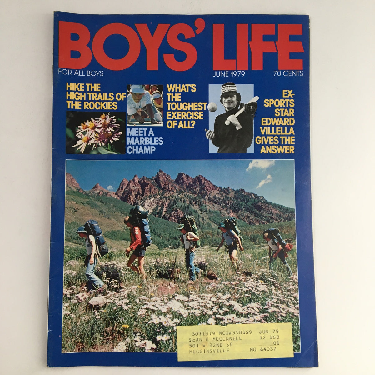 Boys' Life Magazine June 1979 cover featuring ex-sports star Edward Villella, showcasing a hiking scene with children in backpacks set against a mountainous backdrop.