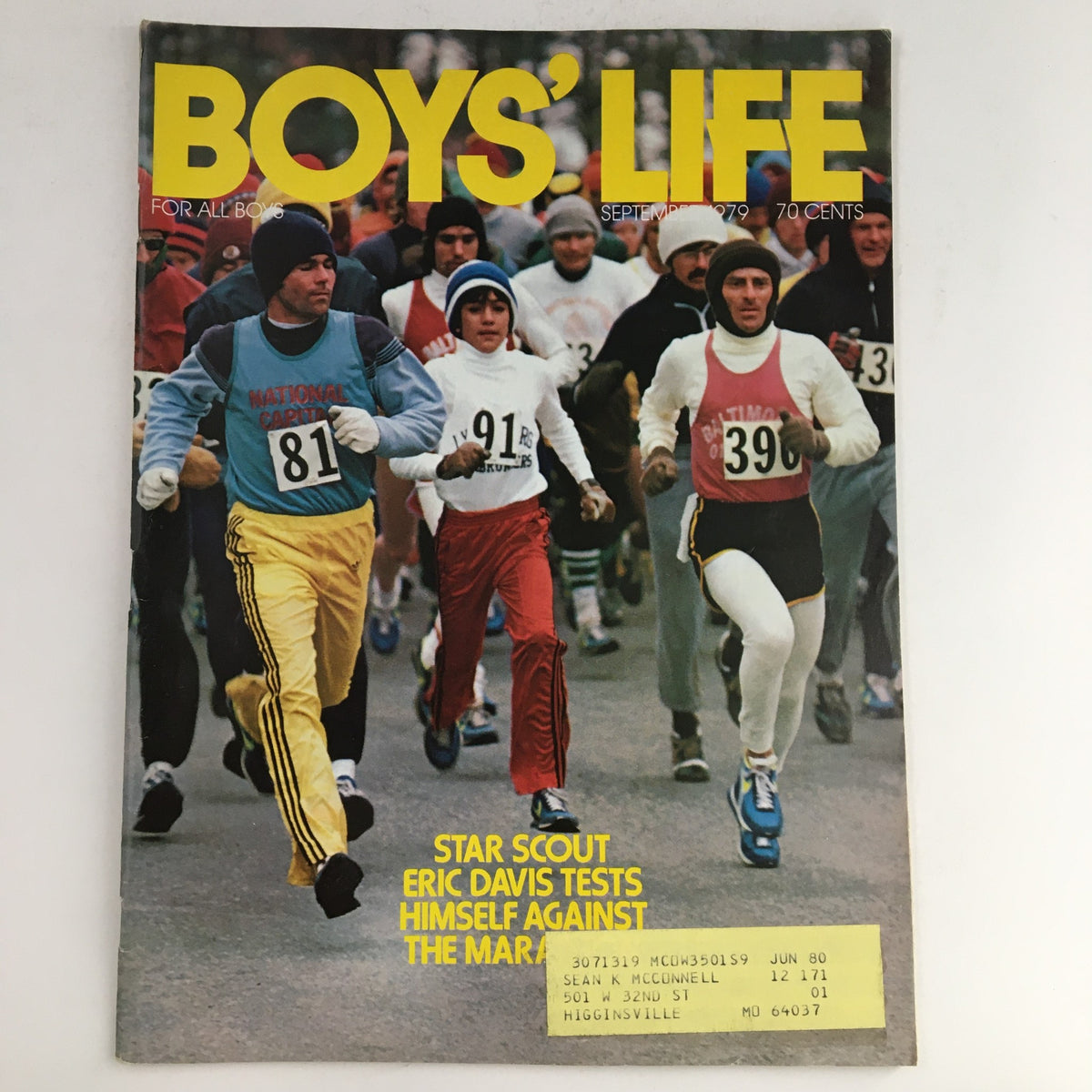 Boys' Life Magazine September 1979 cover featuring Star Scout Eric Davis participating in a marathon, showcasing a group of runners in action.