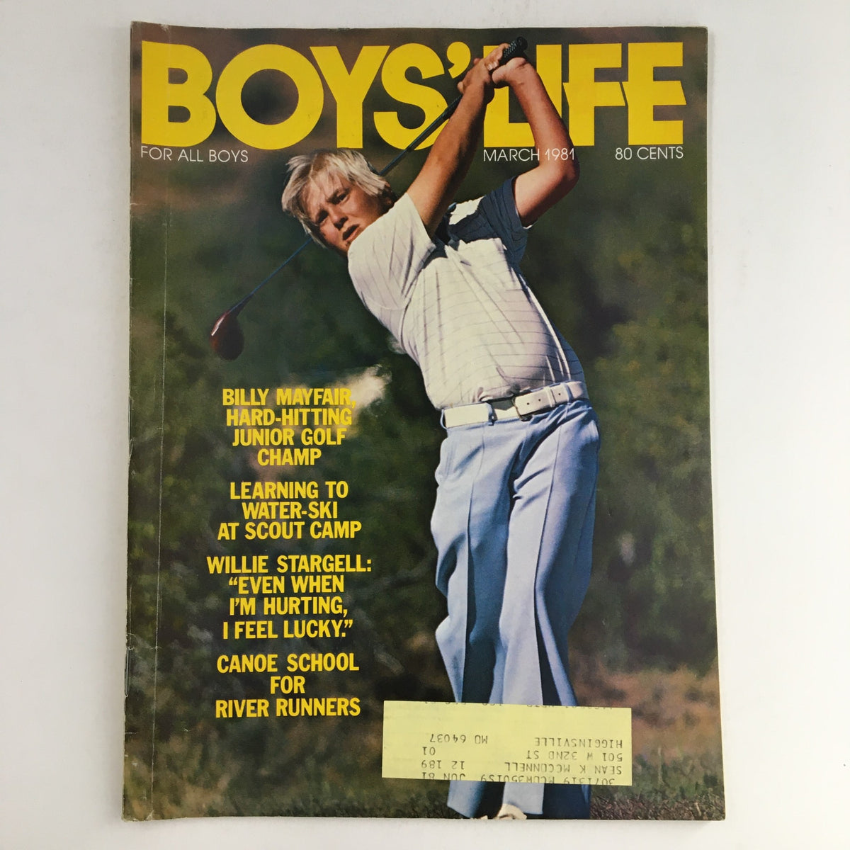 Boys' Life Magazine March 1981 cover featuring Billy Mayfair, the hard-hitting junior golf champion, showcasing youth sports and golf inspiration.