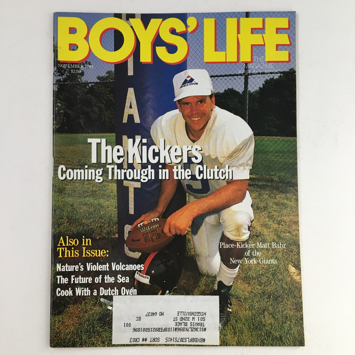 Boys' Life Magazine November 1991 cover featuring place-kicker Matt Bahr of the New York Giants, showcasing the title 'The Kickers Coming Through in the Clutch' with additional topics including nature and cooking.