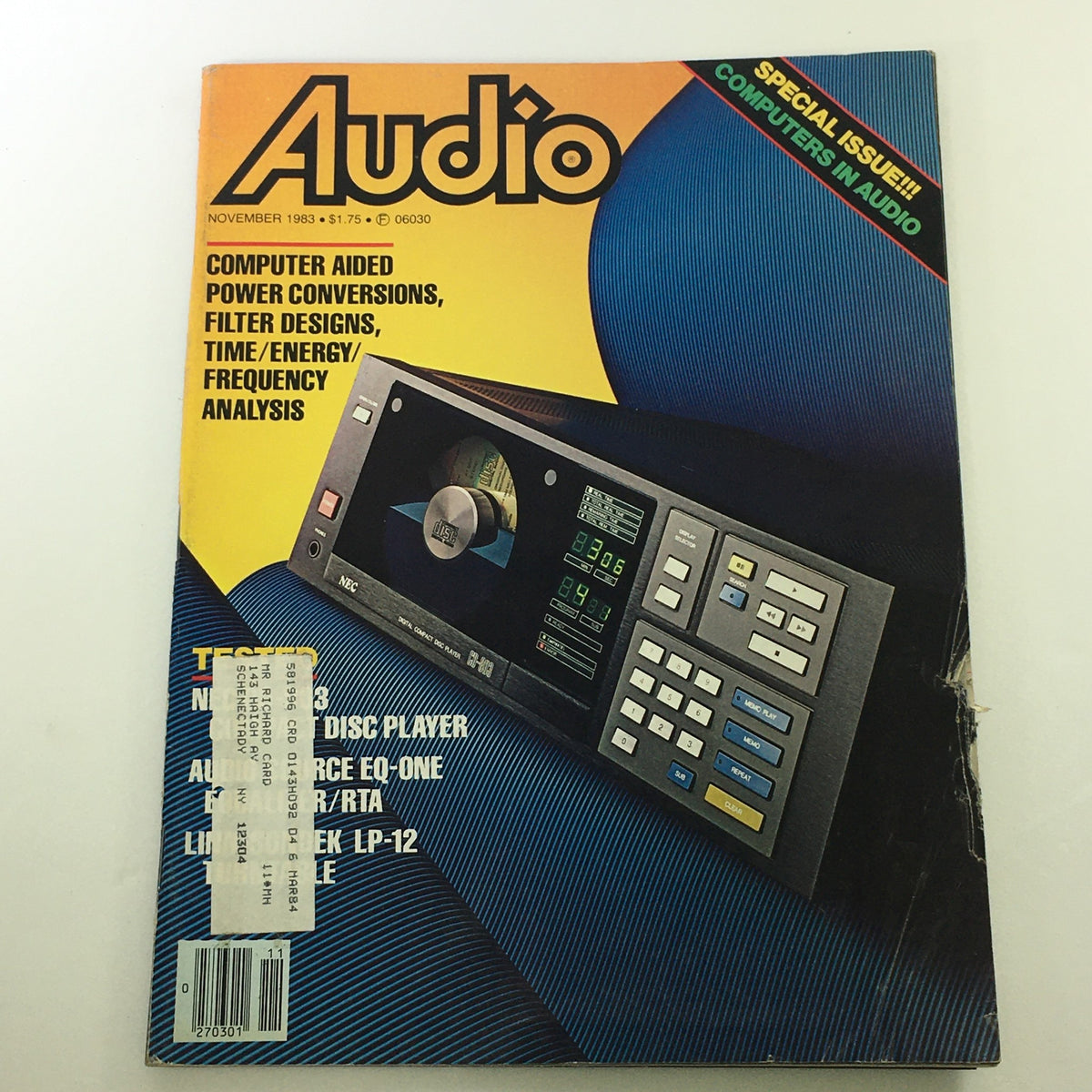 Vintage Audio and Music Magazine November 1983 showcasing computer-aided technology in audio, featuring a detailed cover design.