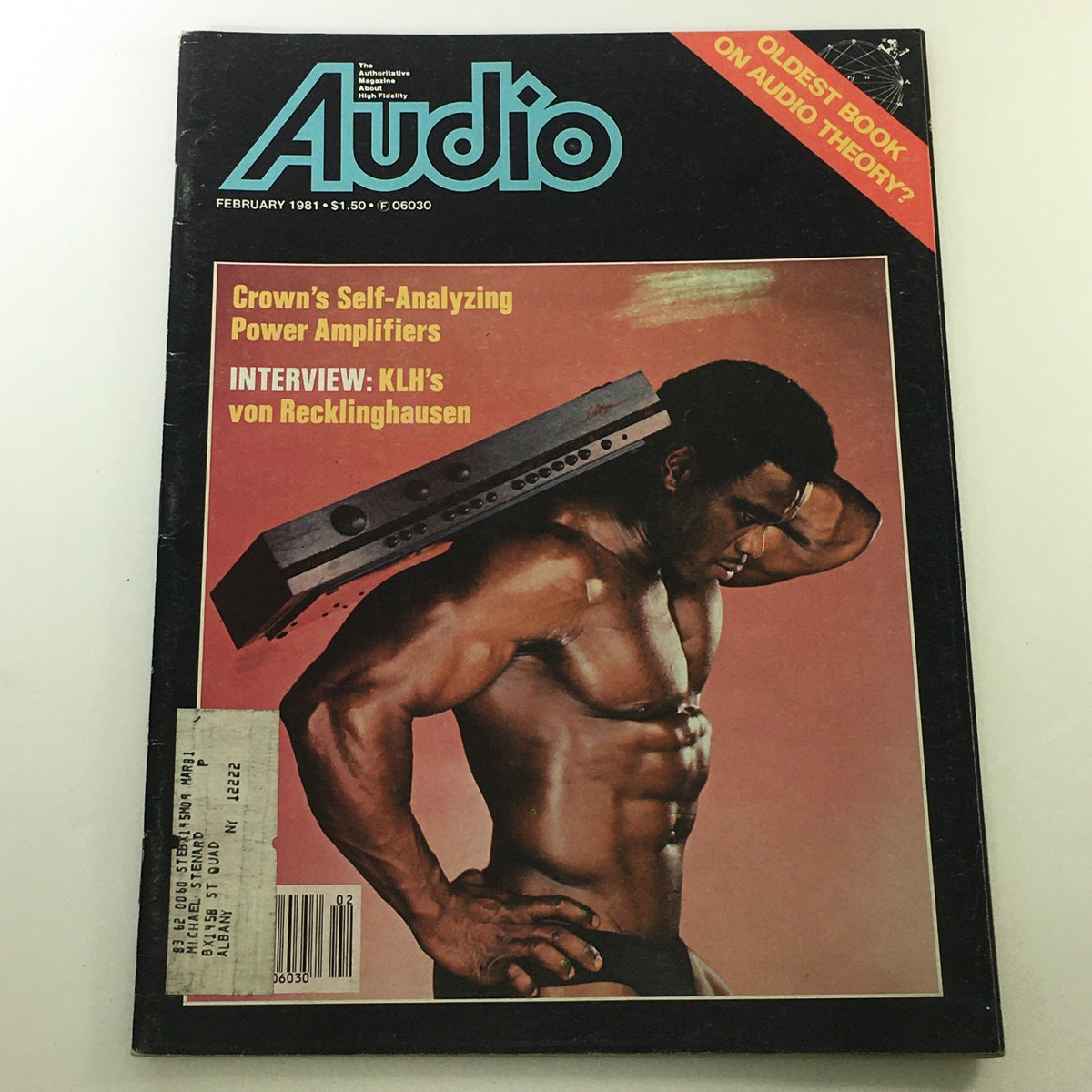 VTG Audio and Music Magazine February 1981 featuring articles on Self-Analyzing Power Amplifiers, with a bold cover design showcasing a muscular figure holding audio equipment.