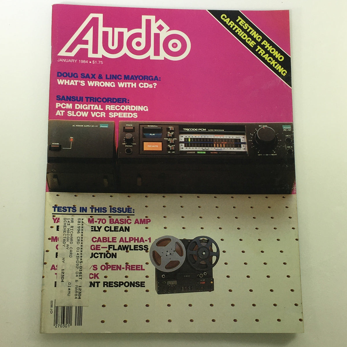 Cover of the VTG Audio and Music Magazine from January 1984, featuring the title and articles on testing phono cartridge tracking and audio technology advancements.