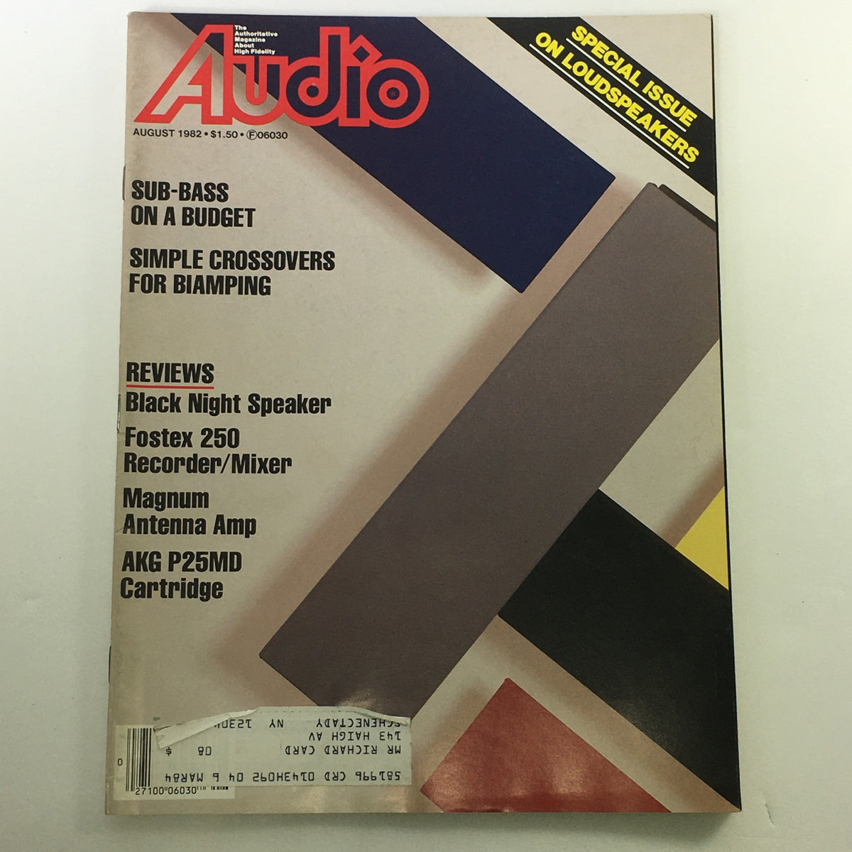 Vintage Audio and Music Magazine from August 1982 featuring the title 'VTG Audio and Music Magazine August 1982 - Black Night Speakers Review'. The cover displays articles on audio technology including Black Night Speaker, Fostex 250 Recorder/Mixer, and more, capturing the era of high-fidelity sound systems.