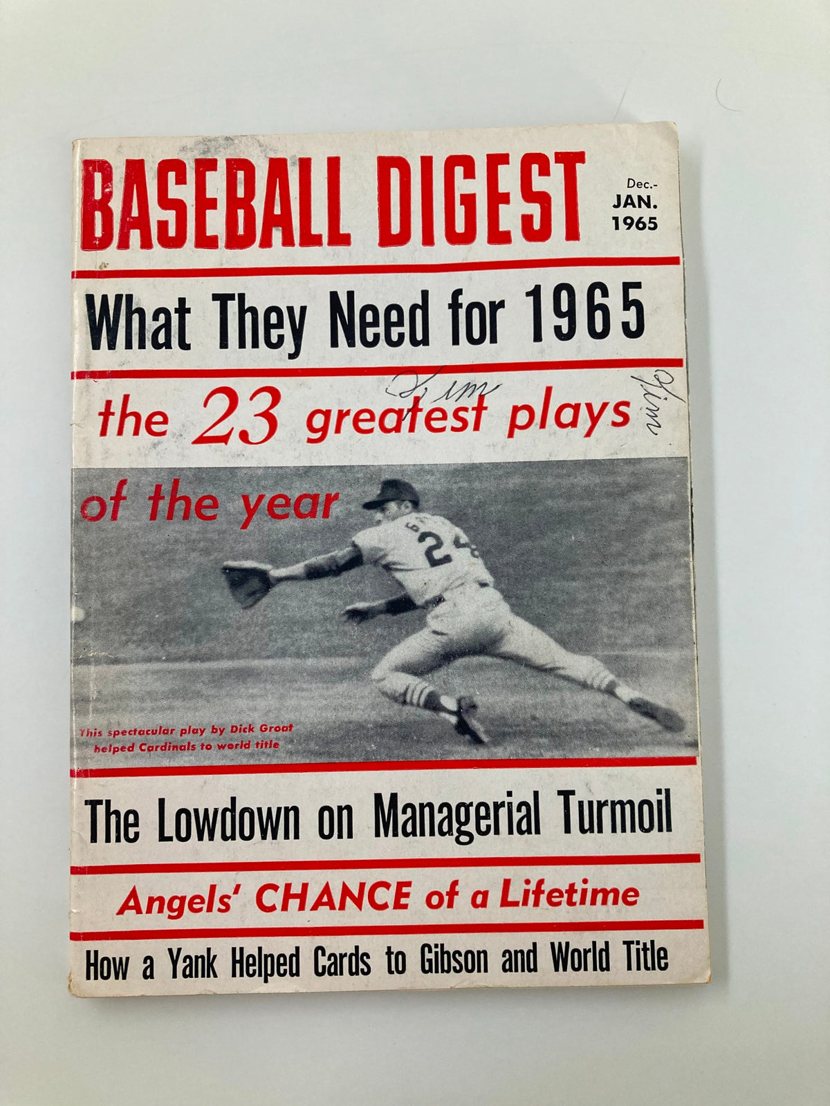 Vintage Baseball Digest from January 1965 featuring Dick Groat, highlighting key plays of the year and the St. Louis Cardinals' championship. Shows magazine cover with a nostalgic design, including articles on baseball strategy and player insights.